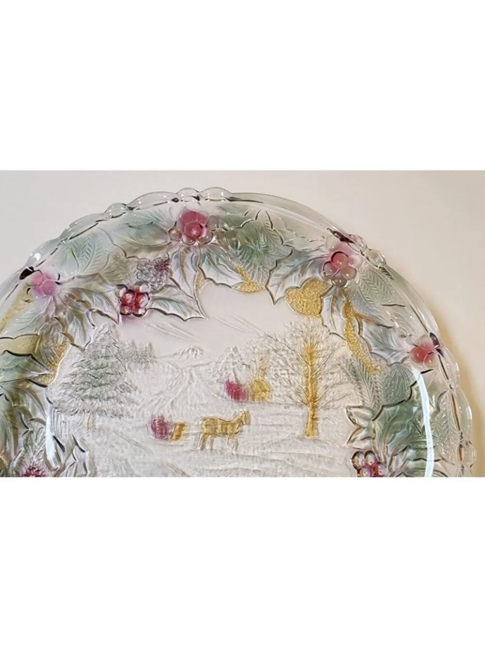 Christmas Serving Platter Plate Vintage Heavy Glass Tray Holly Winter Scene